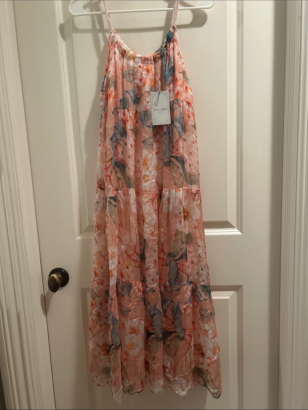 NWT! Elena Baldi Silk Blend Flowy Floral Maxi Dress Lined braided strap Italy S